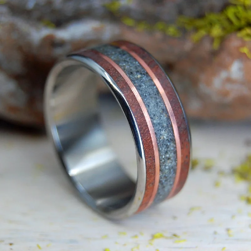 Women's gold rings-Meet Me At Delmar Beach | Men's Amboyna Burl, Beach Sand & Titanium Wedding Ring