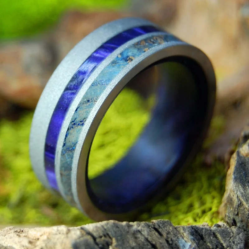 Women's vintage-inspired rings-Purple Vow | Men's Purple Box Elder, Purple Marbled Opalescent, Blue Maple & Titanium Wedding Ring