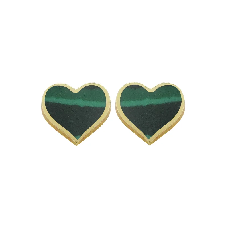 Custom women's earrings-14K GOLD MALACHITE SMALL MEGAN HEART STUDS