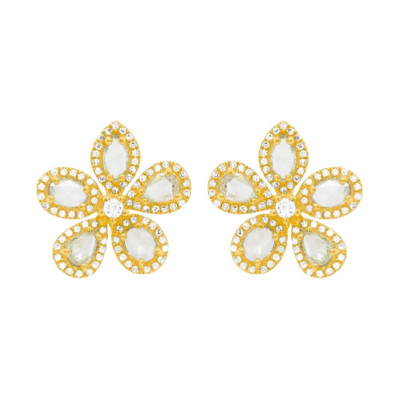 Women's geometric earrings-14K GOLD DIAMOND FARRAH FLOWER EARRINGS