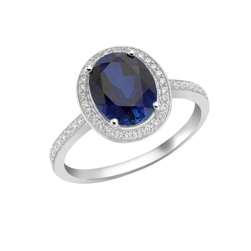 Women's bridal rings-9K White Gold Blue & White Oval CZ Cluster Ring