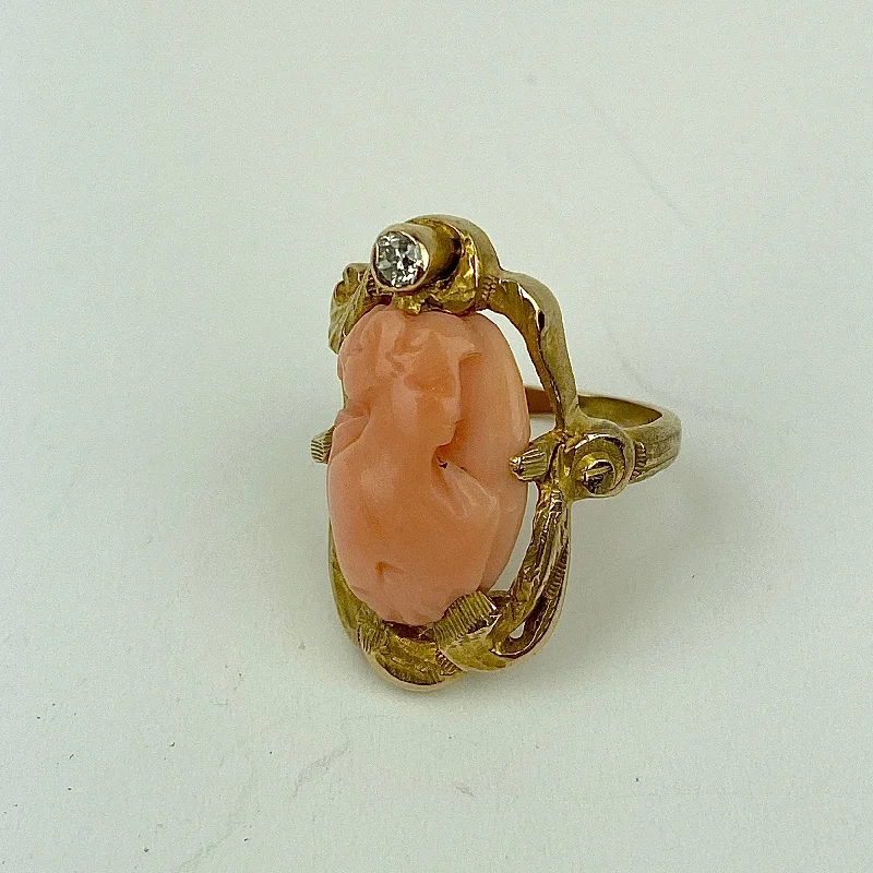 Women's silver rings-Estate Collection Ring - Coral Cameo w/Diamond Set in 18K