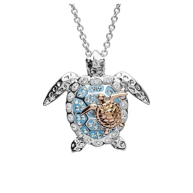 Women's locket necklaces-Ocean : Blue Crystal Turtle With Baby Pendant Silver and Rose Gold Necklace