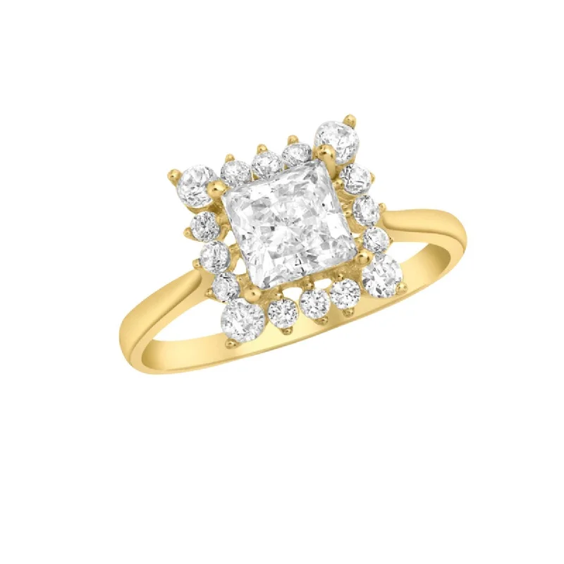 Women's Christmas rings-9K Yellow Gold Princess & Round Cut CZ Ring