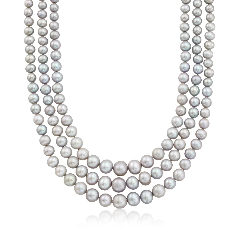 Women's couple necklaces-Ross-Simons 6-11.5mm Gray Cultured Pearl Graduated 3-Strand Necklace With 14kt Yellow Gold