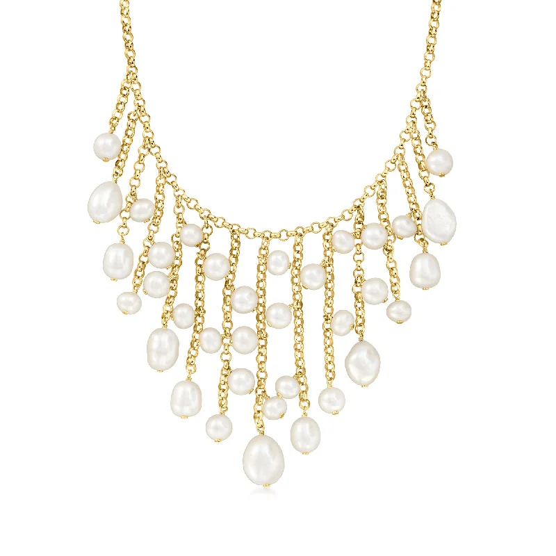 Women's seasonal necklaces-Ross-Simons 5.5-10.5mm Cultured Pearl Fringe Necklace in 18kt Gold Over Sterling