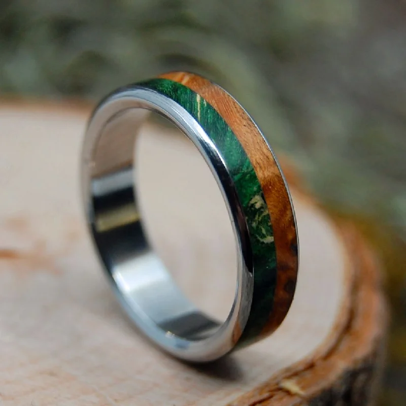 Women's cocktail rings-Duke Of My Soul | Men's Green Box Elder, Golden Box Elder & Titanium Wedding Ring