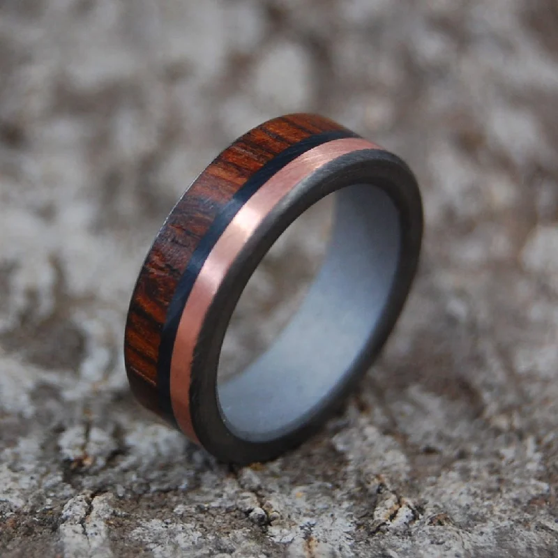 Women's formal rings-Coco Loco | Men's Cocobolo Wood, Copper, Onyx Stone & Titanium Wedding Ring