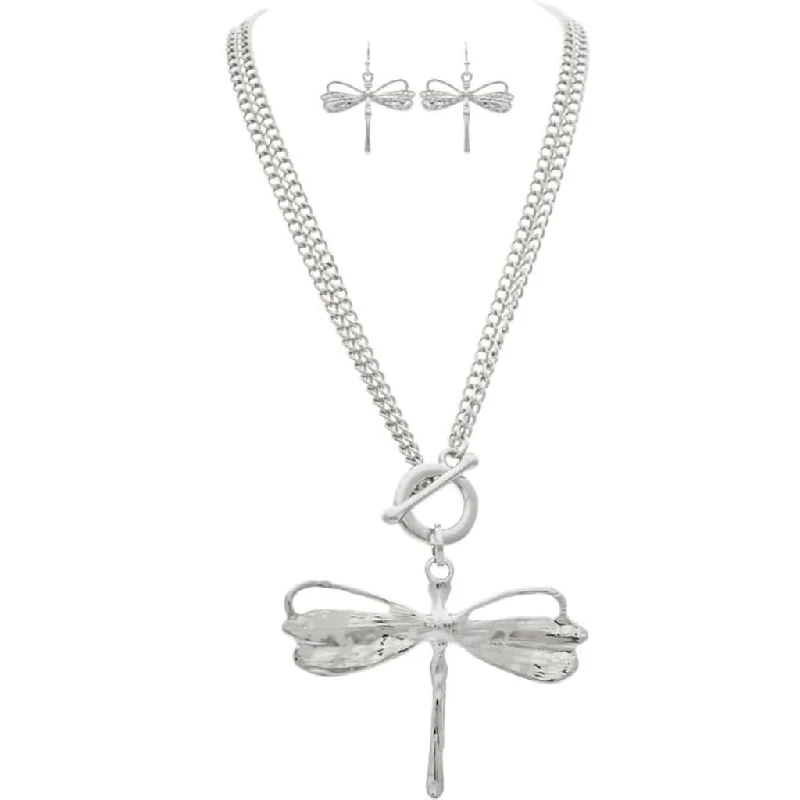 Women's bridal necklaces-Rain :  Silver Convertible 17-34" Dragonfly Necklace Set