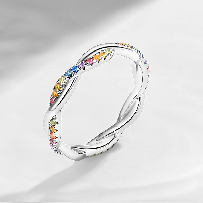 Women's wedding rings-Full Eternity Natural Rainbow Sapphire Infinity Stacking Ring