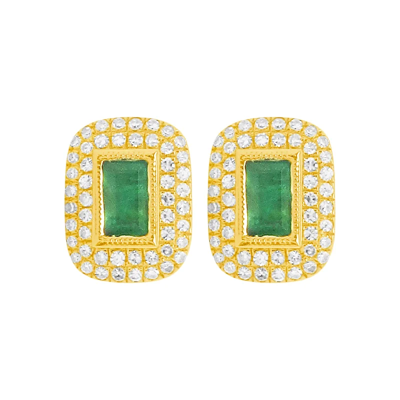 Luxury women's earrings-14K GOLD DIAMOND EMERALD BRITTANY STUDS