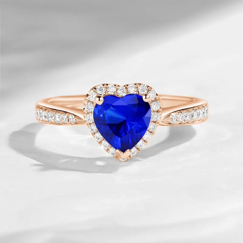 Women's luxury gift rings-Classic Heart Shaped Halo Lab Sapphire Promise Ring