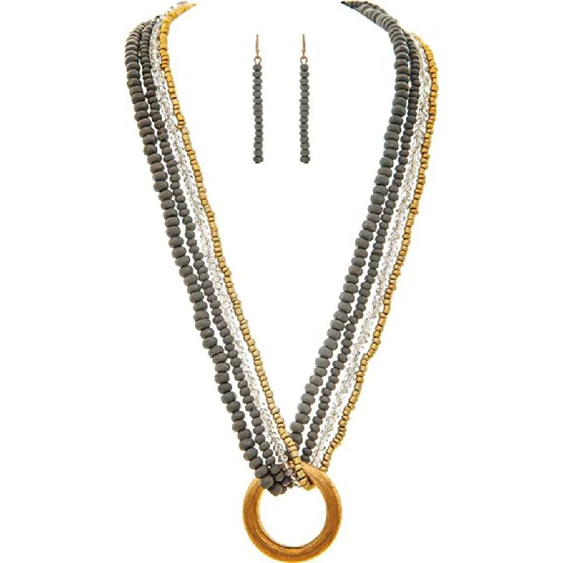 Women's fashion necklaces-Rain : Gold Ring Grey Bead Layered Necklace Set