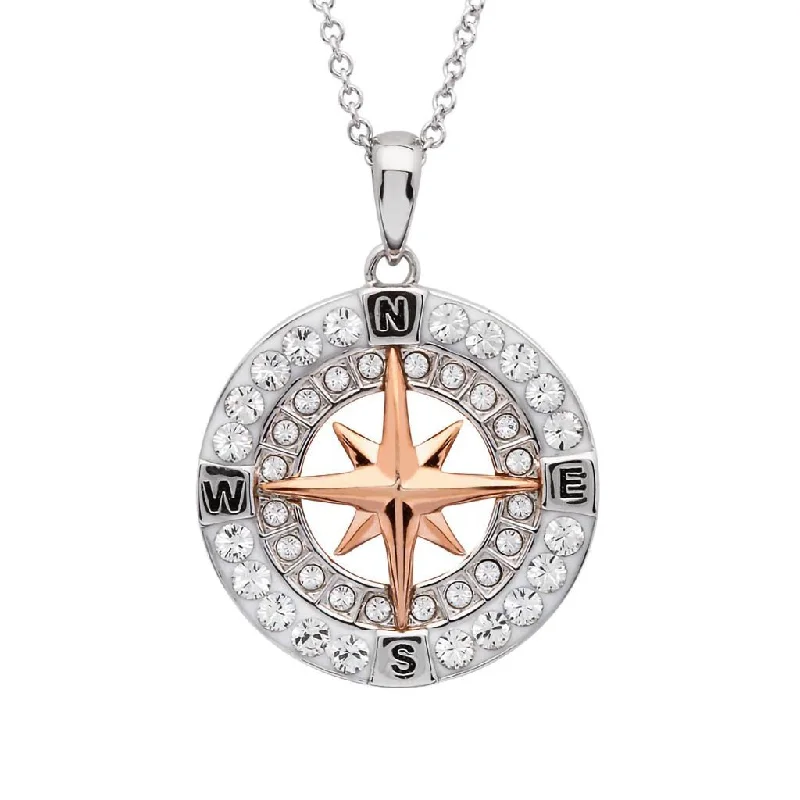 Women's luxury brand necklaces-Ocean : Rose Gold Compass Necklace with Aqua Crystals