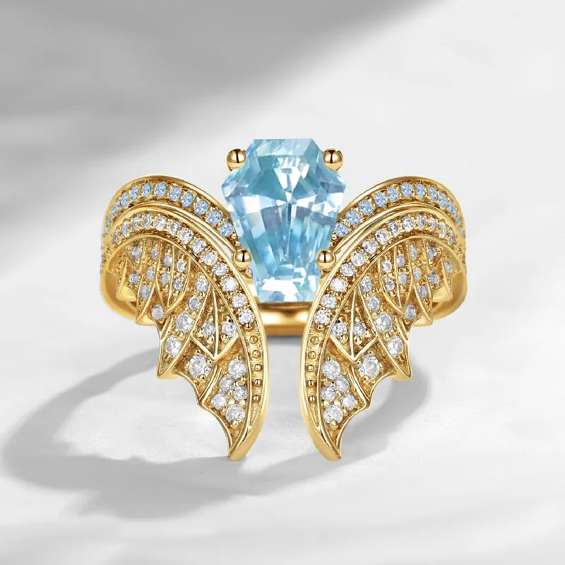 Women's adjustable rings-Coffin Cut Natural Aquamarine Vintage Yellow Gold Bridal Set 2pcs - Bat Ring