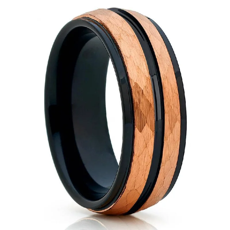 Women's eternity rings-8mm Men Rose Gold & Black Hammered Tungsten Carbide Ring Band