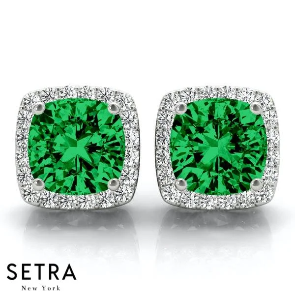 Women's photo rings-EMERALD CUSHION SHAPE & ROUND CUT DIAMONDS HALO STUD EARRING 14K GOLD