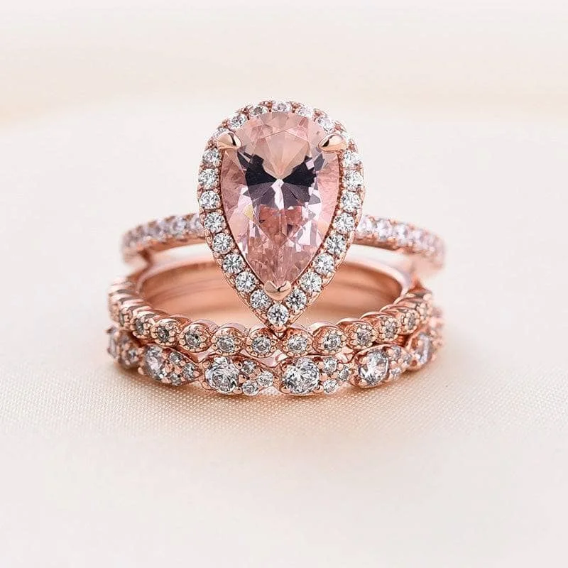 Women's K gold rings-Rose Gold Synthetic Morganite Pear Cut Wedding Ring Set