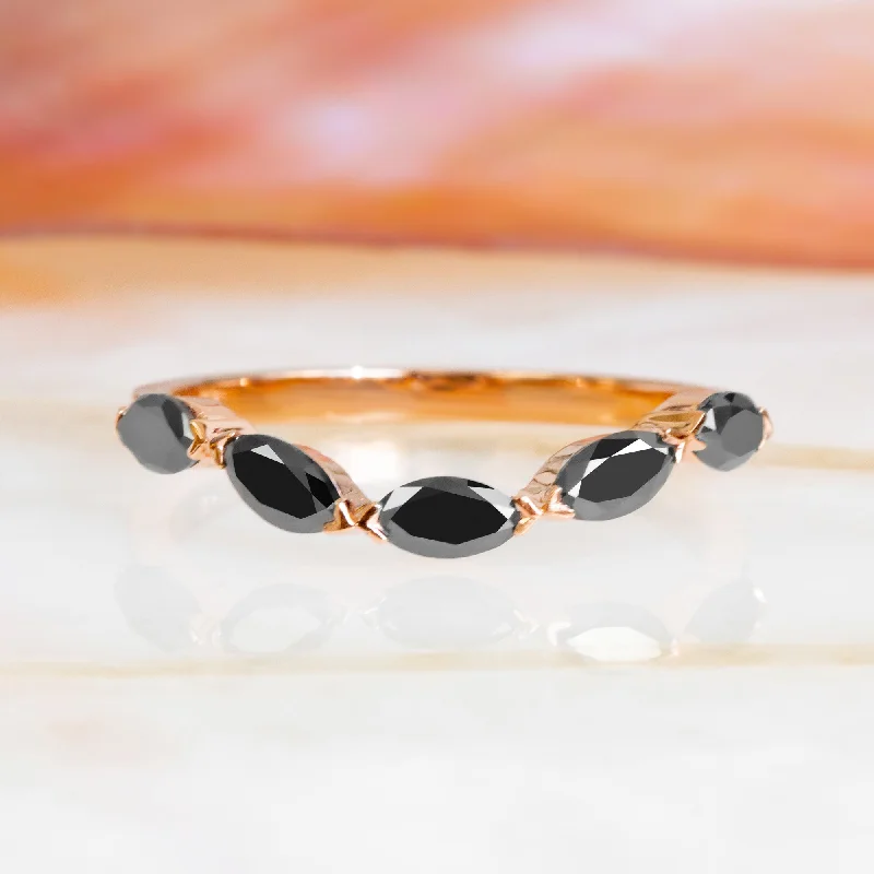 Women's travel rings-Cotton Candy Curved Wedding Ring with Marquise Cut Natural Black Diamonds