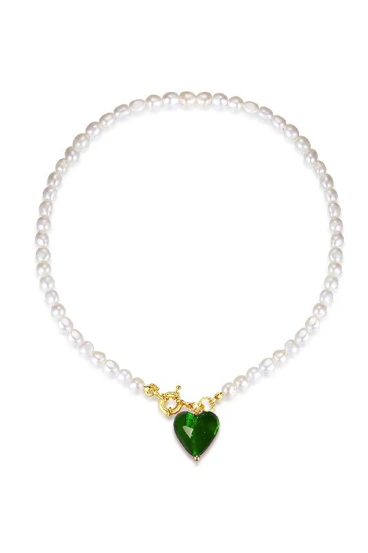 Women's luxury gift necklaces-Esmée Green Glaze Heart Pendant Pearl Necklace