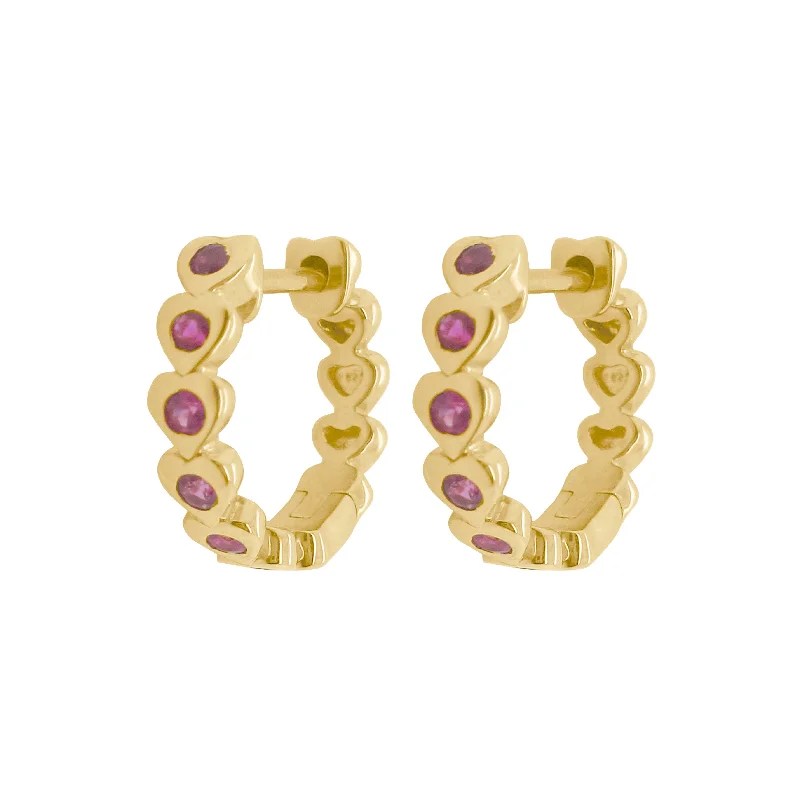 Women's travel earrings-14K GOLD RUBY HANA HEART HUGGIES