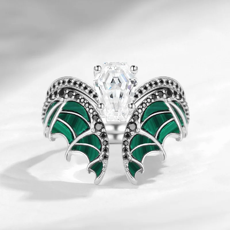 Women's sustainable rings-Unique Coffin Cut Moissanite Malachite Bridal Set 2pcs - Bat Ring