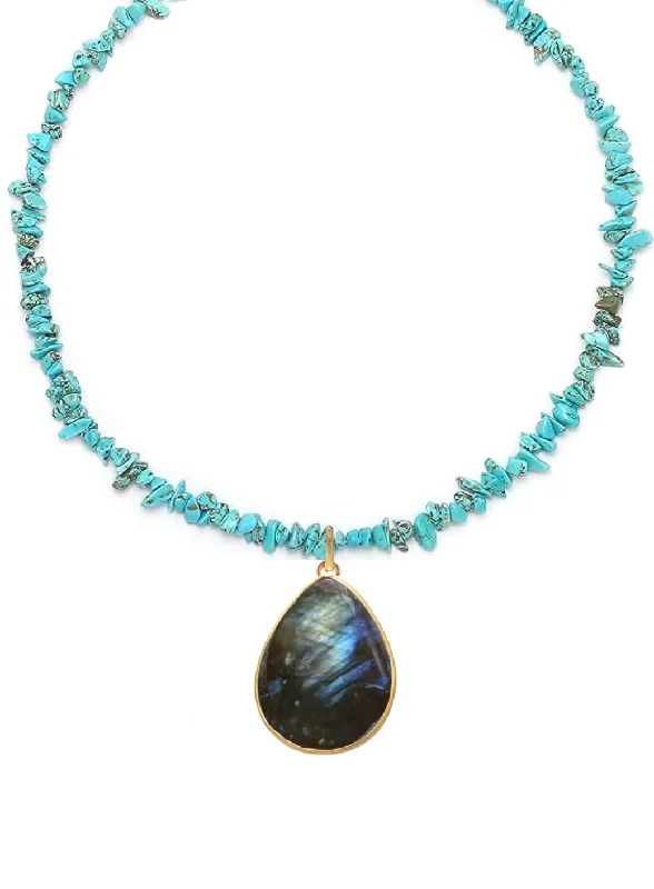 Women's choker necklaces-18k Gold Turquoise & Labradorite Gemstone Pear Drop Necklace