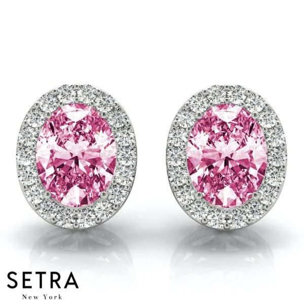 Women's statement rings-PINK SAPPHIRE OVAL SHAPE & ROUND CUT DIAMONDS HALO STUD EARRING 14K GOLD