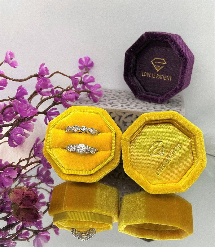 Women's fingerprint rings-Yellow Love Is Patient Double Ring Slots Octagon Velvet Ring Box