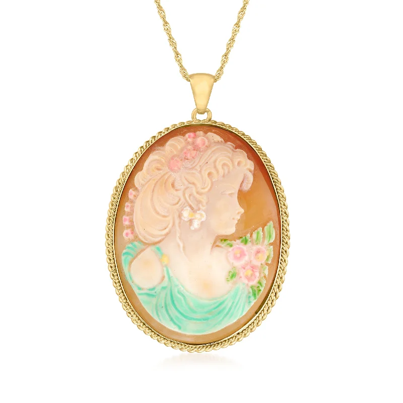 Women's fingerprint necklaces-Ross-Simons Italian Brown Shell Cameo Portrait Pendant Necklace With Multicolored Enamel in 18kt Gold Over Sterling