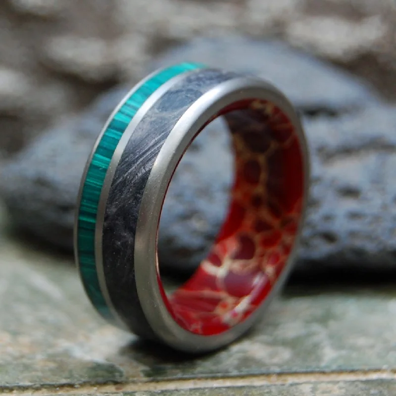 Women's pet memorial rings-Queen Of Hearts | Men's Green Malachite, Black Box Elder Wood, Red Jasper Stone & Titanium Wedding Ring