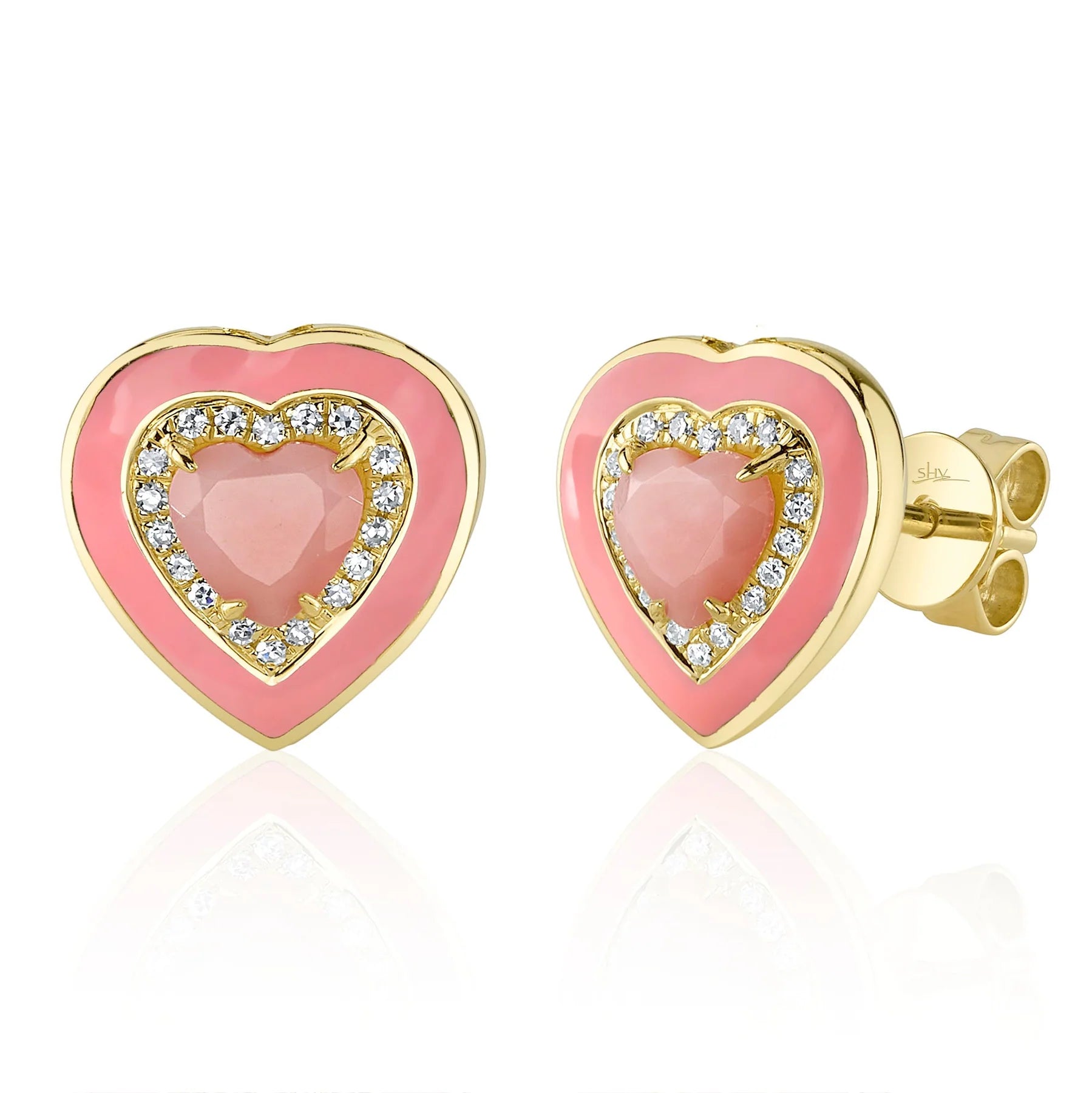 Women's casual earrings-14K GOLD DIAMOND PINK OPAL AND PINK ENAMEL LENI HEART STUDS