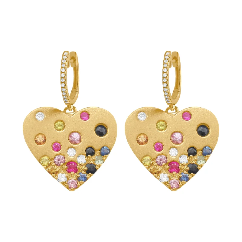 Women's hoop earrings-14K GOLD DIAMOND MULTICOLOR SAPPHIRE HEART CONFETTI EARRINGS