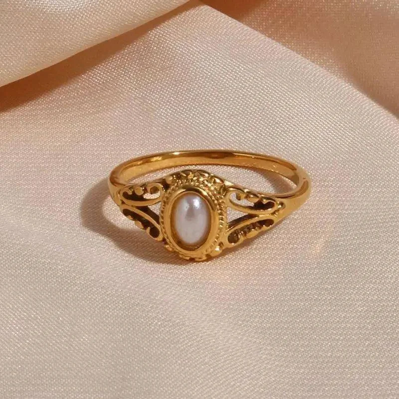 Women's pearl rings-18K Gold Plated Faux Pearl Stainless Steel Tarnish Free Ring