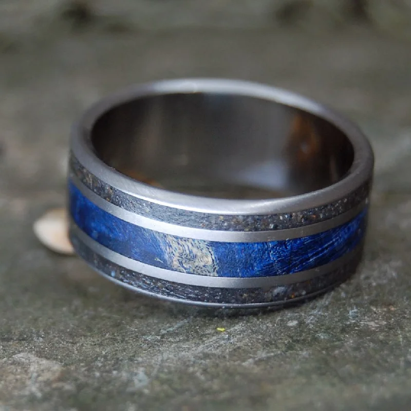 Women's custom design rings-Black And Blue To Keep It True | Men's Blue Box Elder Wood, Black Sand & Titanium Wedding Ring