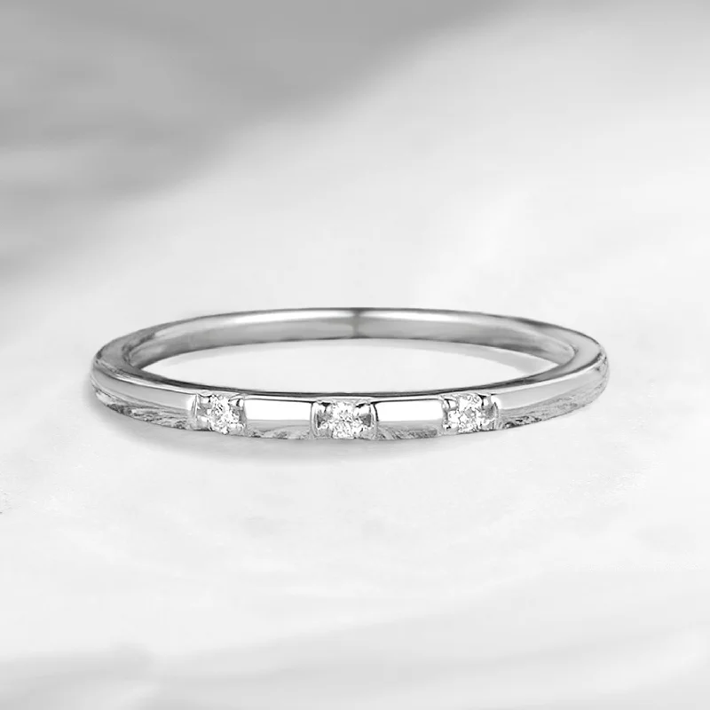 Women's Buddha rings-Delicate White Gold Three Stone  Matching Wedding Ring