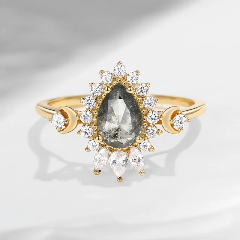 Women's promise rings-Crescent Moon | Pear Cut Salt And Pepper Diamond Cluster Halo Ring