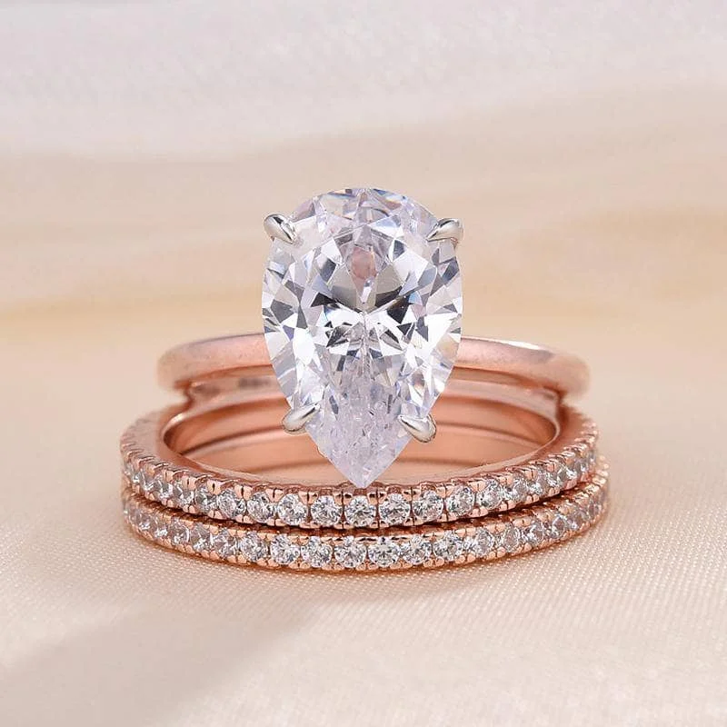 Women's moon phase rings-3pc Rose Gold Classic Pear Cut Wedding Ring Set