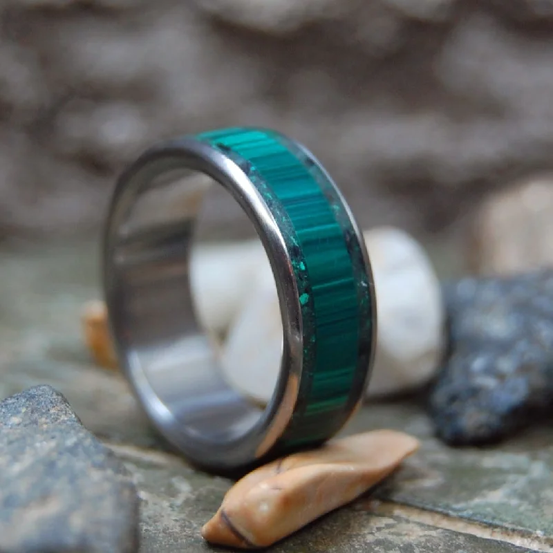 Women's symbolic rings-Verona | Men's Green Malachite, Beach Sand & Titanium Wedding Ring