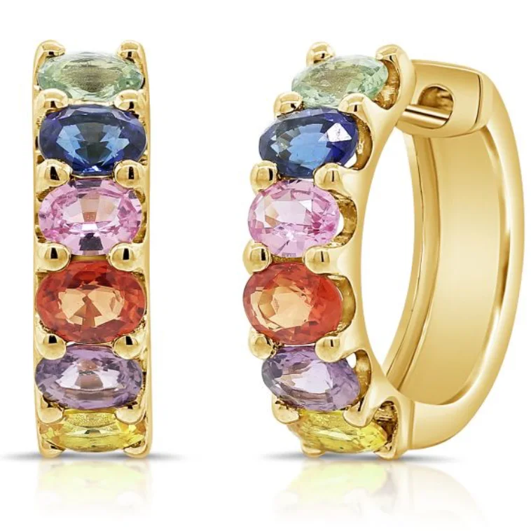 High-end women's earrings-14K GOLD MULTI COLOR SAPPHIRE BRINA HUGGIES