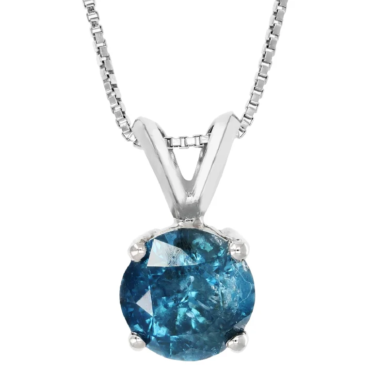 Women's pearl necklaces-1.75 cttw Blue Diamond Solitaire Pendant Necklace 14K White Gold Round and Chain