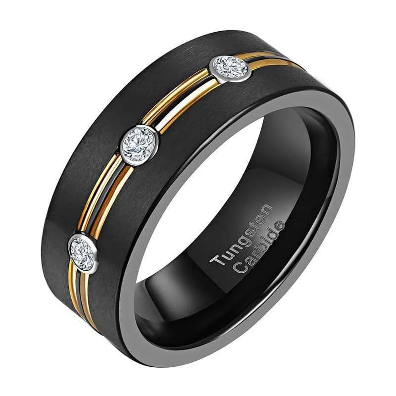 Women's Mother's Day rings-Tungsten Carbide Created Diamond Double Gold Lines Ring Band