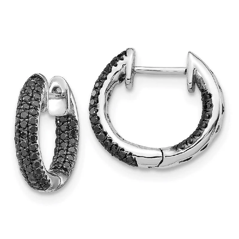 Women's Christmas earrings-14k White Gold Black Diamond Hinged Hoop Earrings