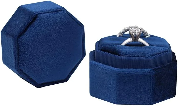 Women's zodiac rings-Navy Blue Love Is Patient Double Ring Slots Octagon Velvet Ring Box