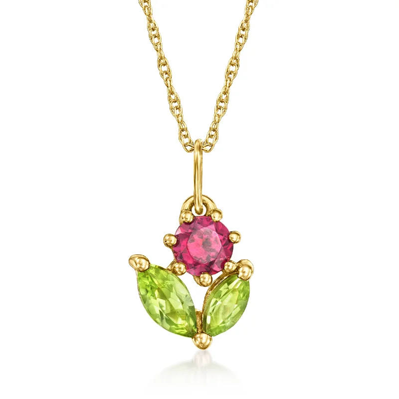 Women's Valentine's Day necklaces-RS Pure by Ross-Simons Rhodolite Garnet and . Peridot Flower Pendant Necklace in 14kt Yellow Gold