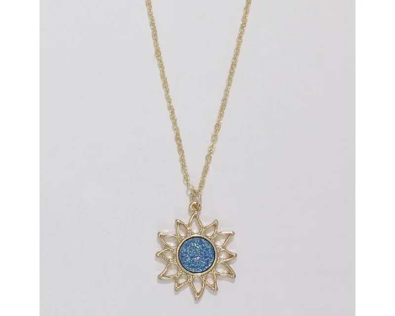 Women's crystal necklaces-Periwinkle by Barlow : Gold Sun with glittering Blue Druzy - Necklace