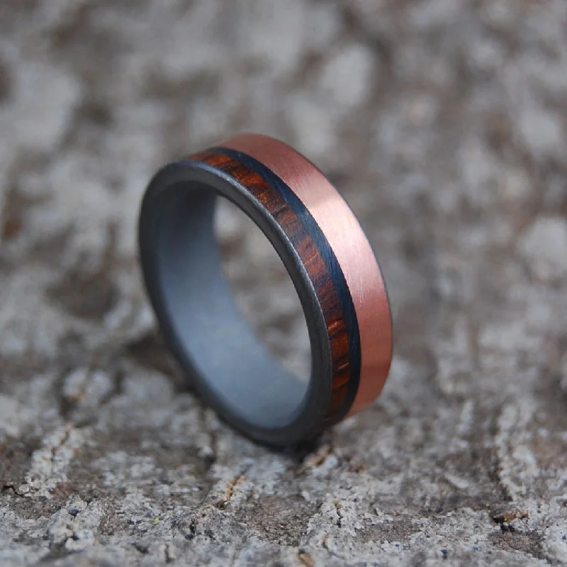 Women's casual rings-Loco Coco | Men's Cocobolo Wood, Copper, Onyx Stone & Titanium Wedding Ring