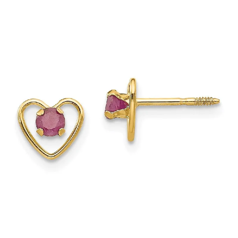 Women's drop earrings-Madi K Kid's 14k  3mm Ruby Birthstone Heart Earrings