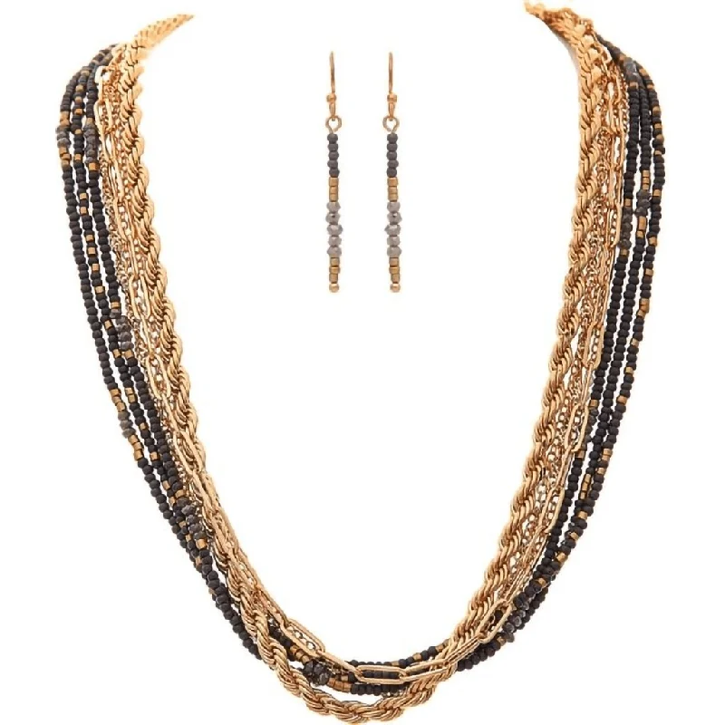 Women's graduation necklaces-Rain : Gold Grey Bead Layered Chains Necklace Set