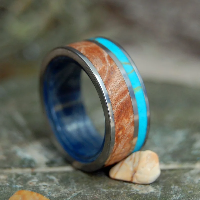 Women's unique rings-Clarity | Men's Mokume Gane, Maple, Tibetan Turquoise & Titanium Wedding Ring